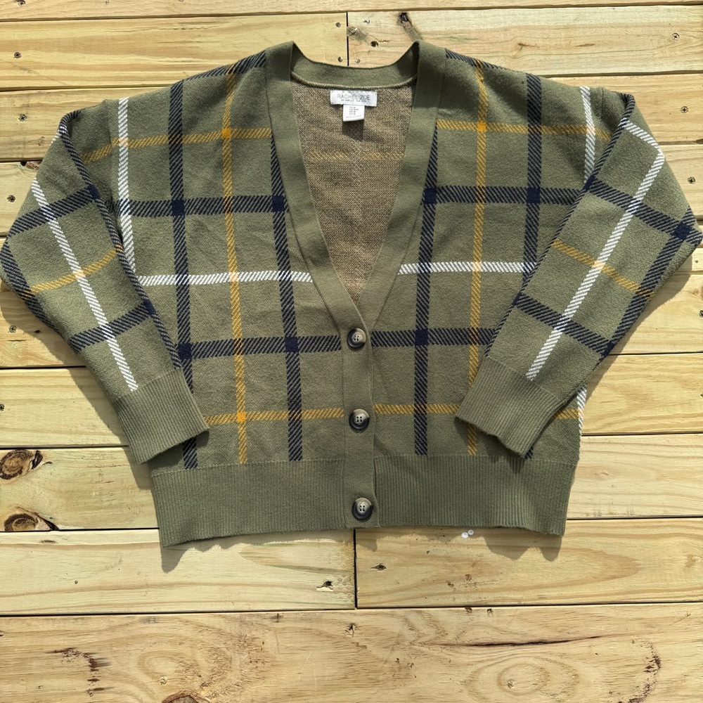 Rachel Zoe green/plaid 3 button down cardigan